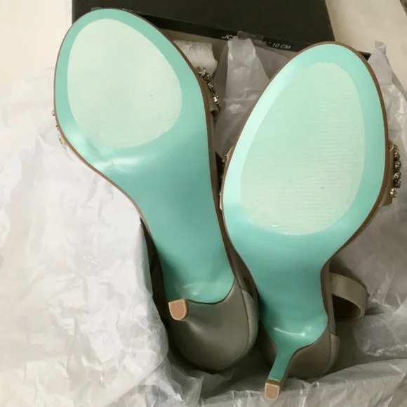 Betsey Johnson Gina Jeweled Ankle Strap Dress Sandals Silver Satin Stiletto Heel - Picture 12 of 14